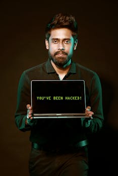 A man showing a laptop with a 'You've been hacked' message, symbolizing cyber security threats.